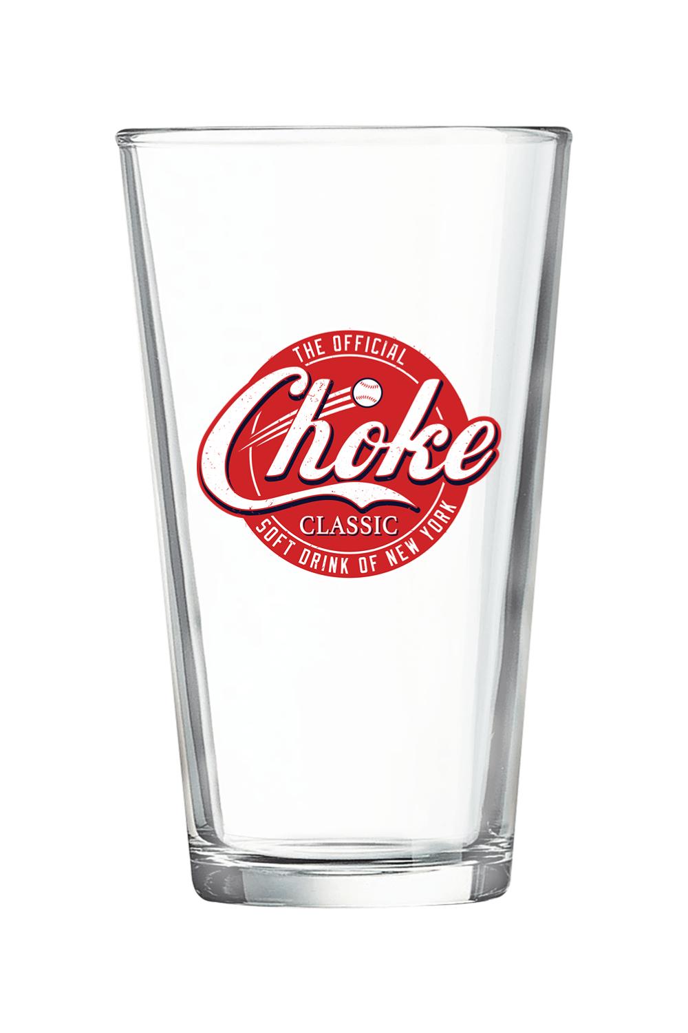 Clear 16 oz. pint mixing glass featuring a red and white Choke Classic logo on a sturdy, tapered glass body.
