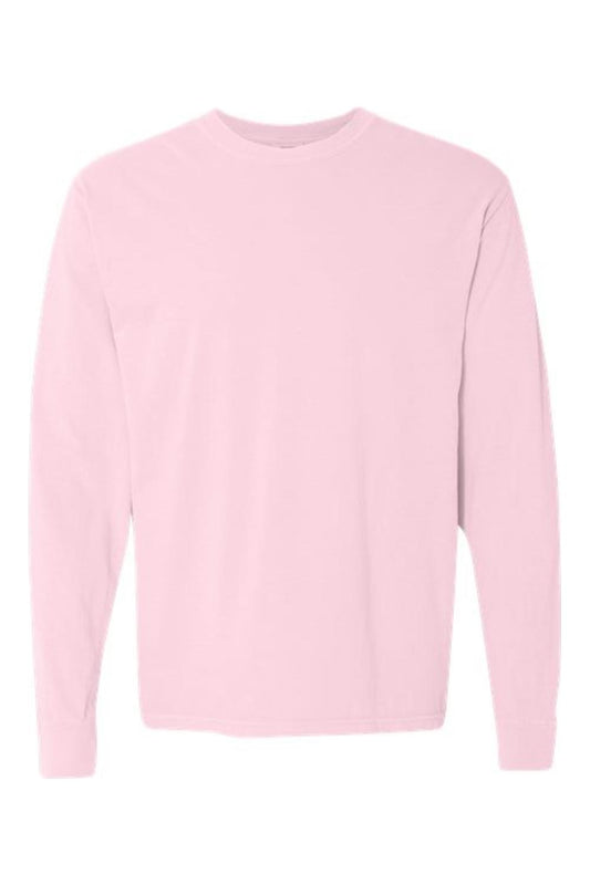 Light pink Comfort Colors long-sleeve t-shirt in soft-washed, garment-dyed ring spun cotton with rib knit cuffs.