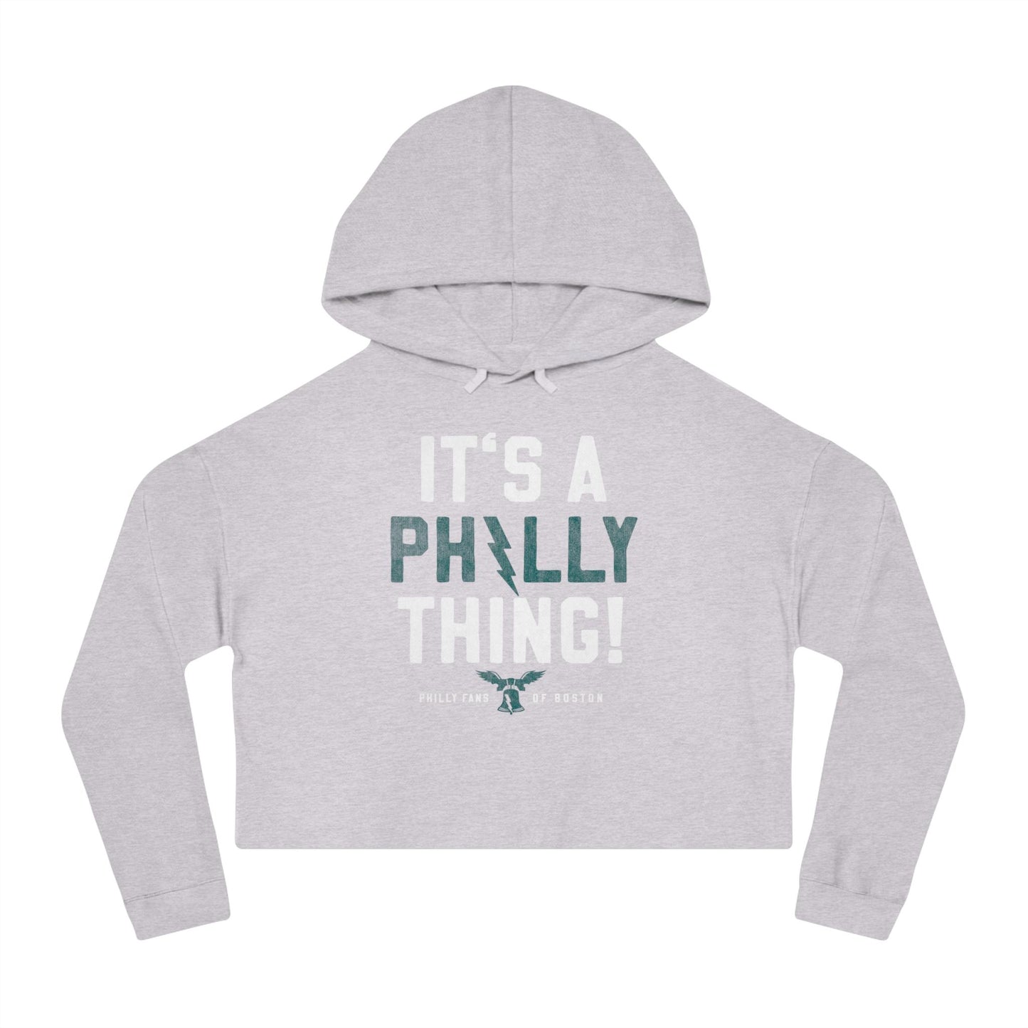 Light gray crop graphic hoodie featuring It's A Philly Thing text and a Liberty Bell eagle logo.