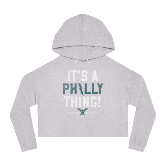 Light gray crop graphic hoodie featuring It's A Philly Thing text and a Liberty Bell eagle logo.