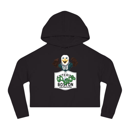 Black cotton-blend cropped hoodie featuring a Swoops eagle graphic and Entering Boston sign print.
