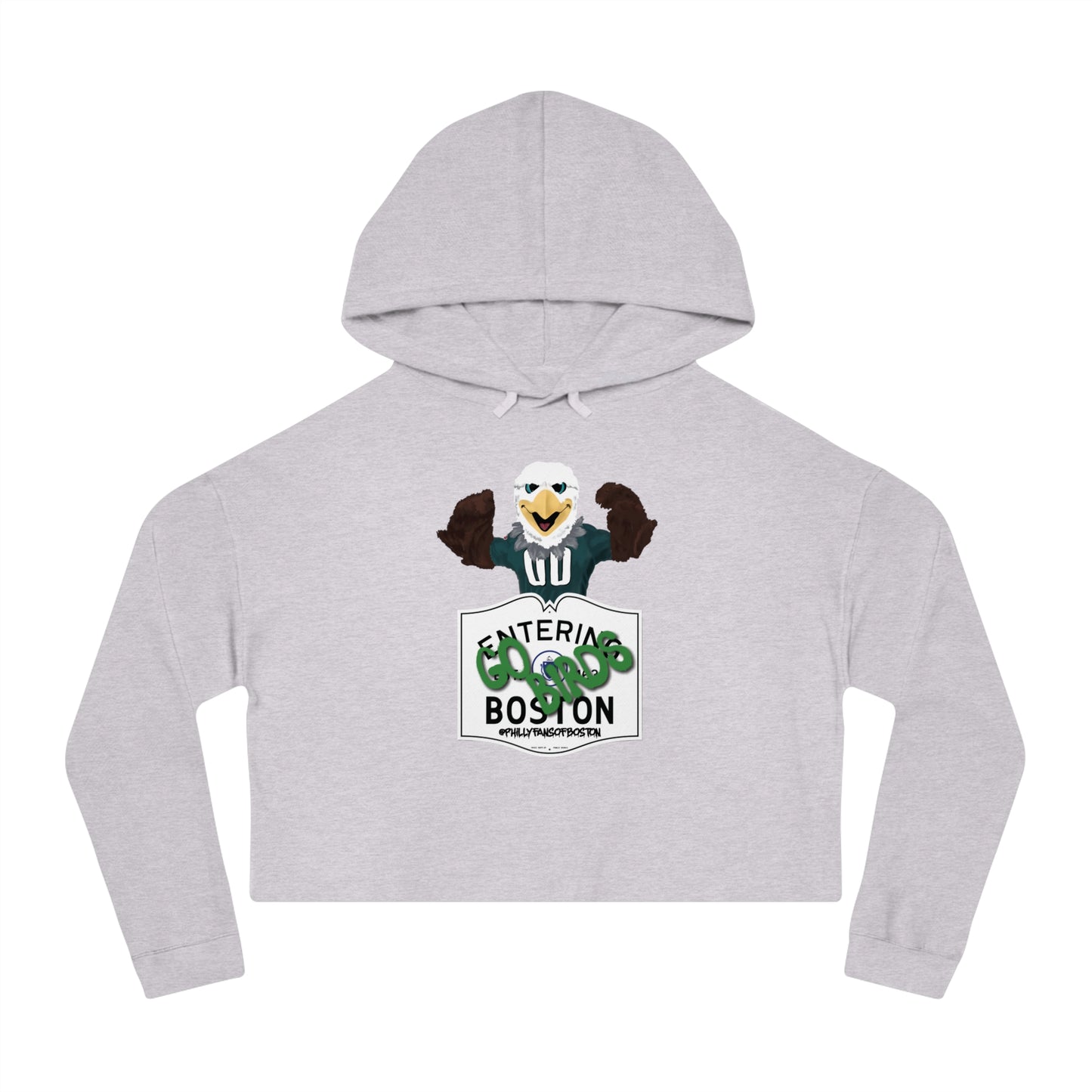 Heather gray cropped hoodie featuring a graphic of an eagle mascot above an Entering Boston sign.