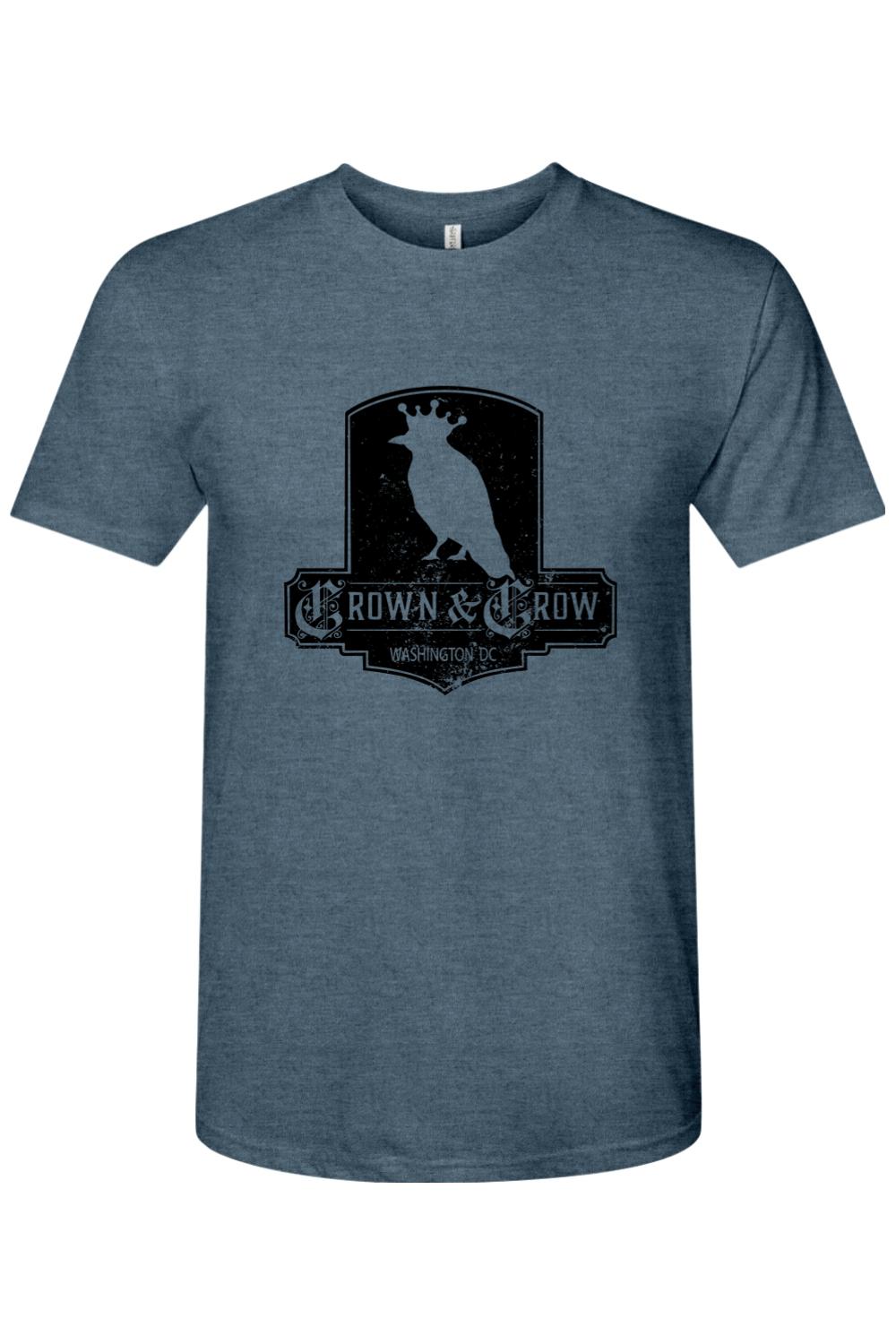 Dark heather blue tri-blend crew neck tee featuring a black Crown & Crow Washington DC graphic logo.