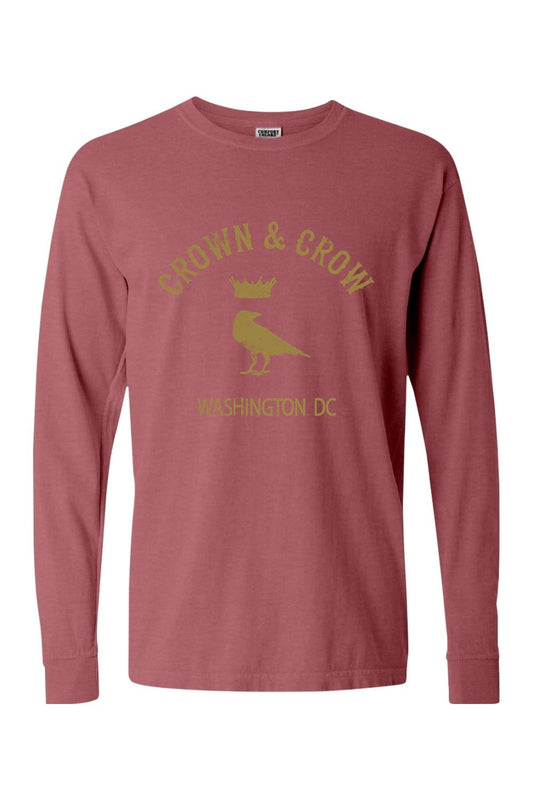 Red garment-dyed long sleeve cotton t-shirt with a gold Crown & Crow Washington DC graphic on the chest.