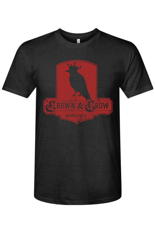 Black tri-blend crew neck tee featuring a distressed red Crown & Crow logo graphic with Washington DC text.