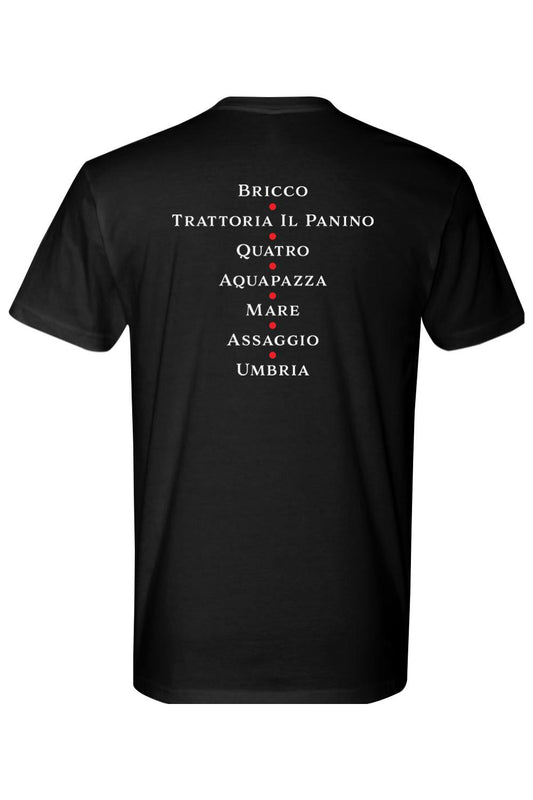 Black premium cotton t-shirt featuring a list of Depasquale restaurant locations in white text with red dots on the back.