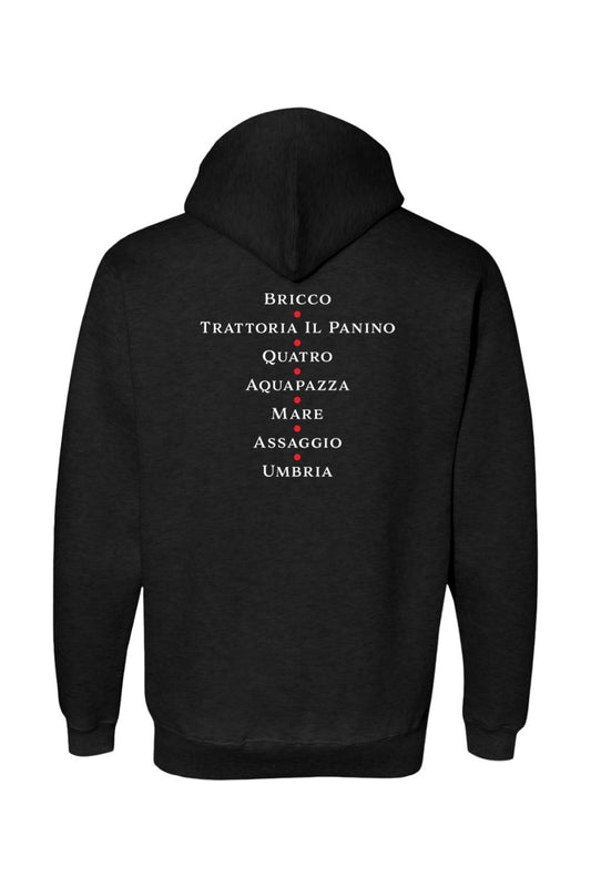 Black cotton-blend hoodie featuring a white list of restaurant locations with red dots on the back.