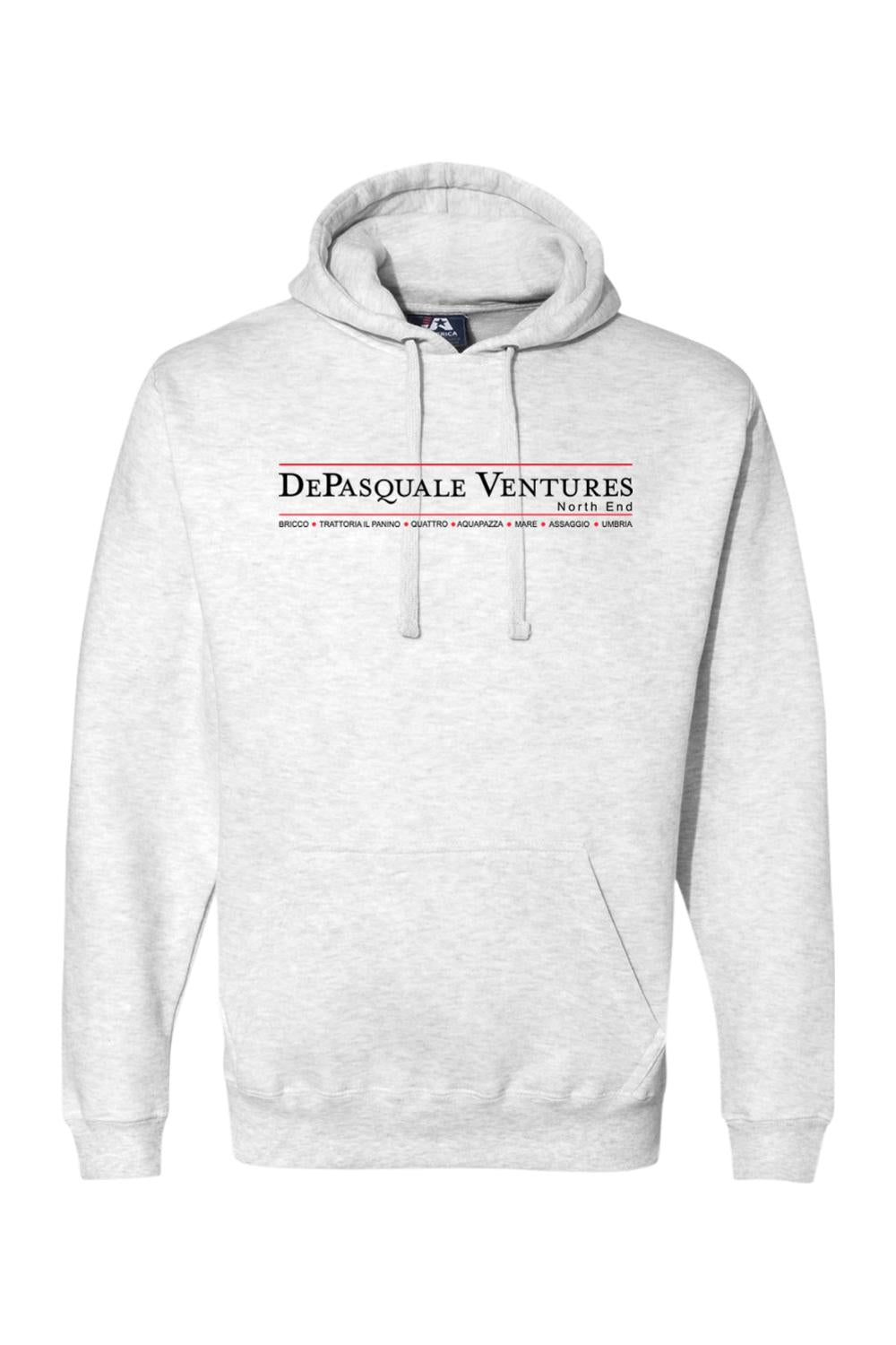 Light gray premium fleece hoodie with Depasquale Ventures logo and North End restaurant names printed on the chest.