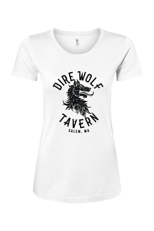 White women's cotton blend t-shirt featuring a black Dire Wolf Tavern Salem, MA logo graphic on the front.