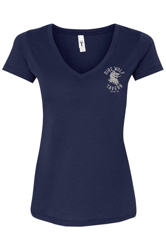 Navy blue women's cotton blend V-neck T-shirt featuring a small white Dire Wolf Tavern logo on the left chest.