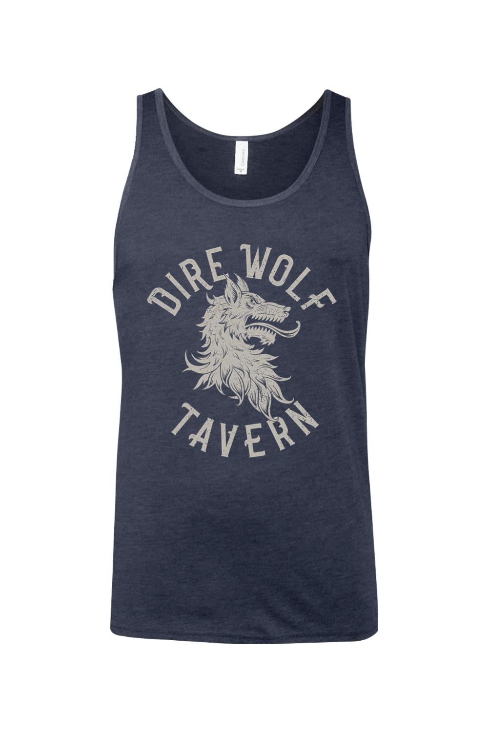 Navy blue cotton tank top featuring a distressed Dire Wolf Tavern graphic print in light gray.