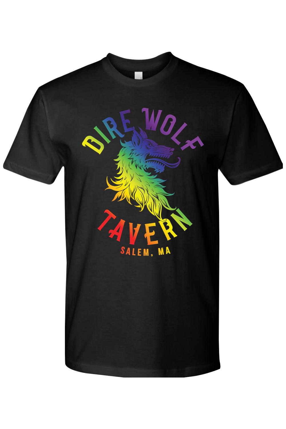 Black cotton t-shirt featuring a rainbow-colored dire wolf graphic and Dire Wolf Tavern Salem, MA text.