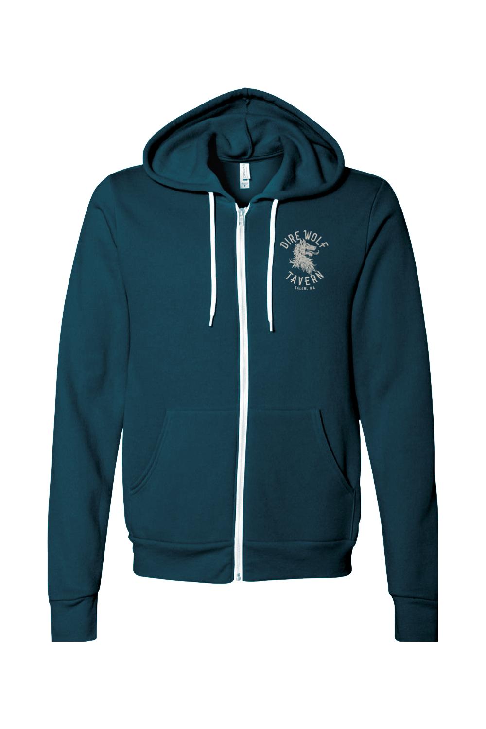 Teal sponge fleece full-zip hoodie featuring a white Dire Wolf Tavern logo on the chest and a white drawstring.
