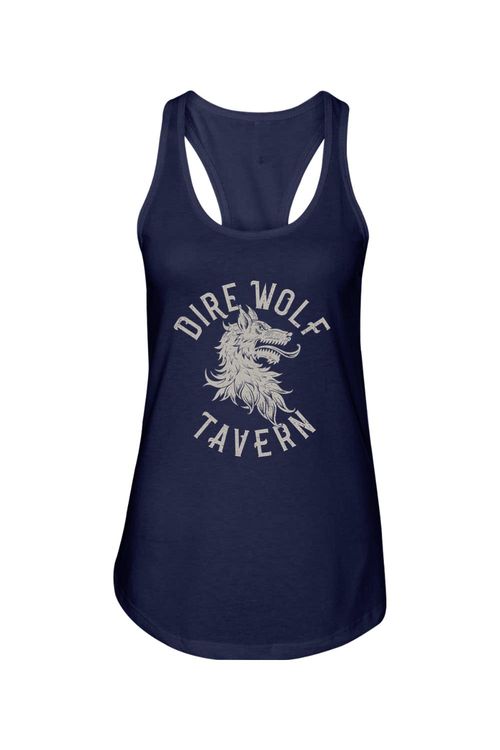 Navy blue women's racerback tank top featuring a distressed white Dire Wolf Tavern graphic print on the front.