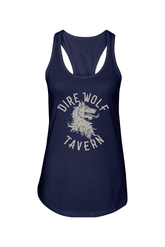 Navy blue women's racerback tank top featuring a distressed white Dire Wolf Tavern graphic print on the front.