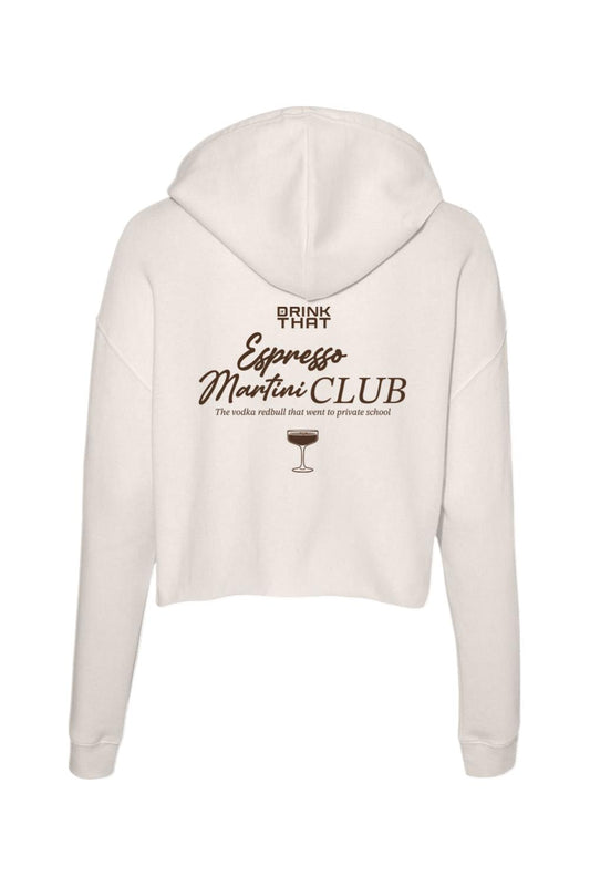 Cream-colored lightweight cropped hoodie with Espresso Martini Club graphic on the back in dark brown text.