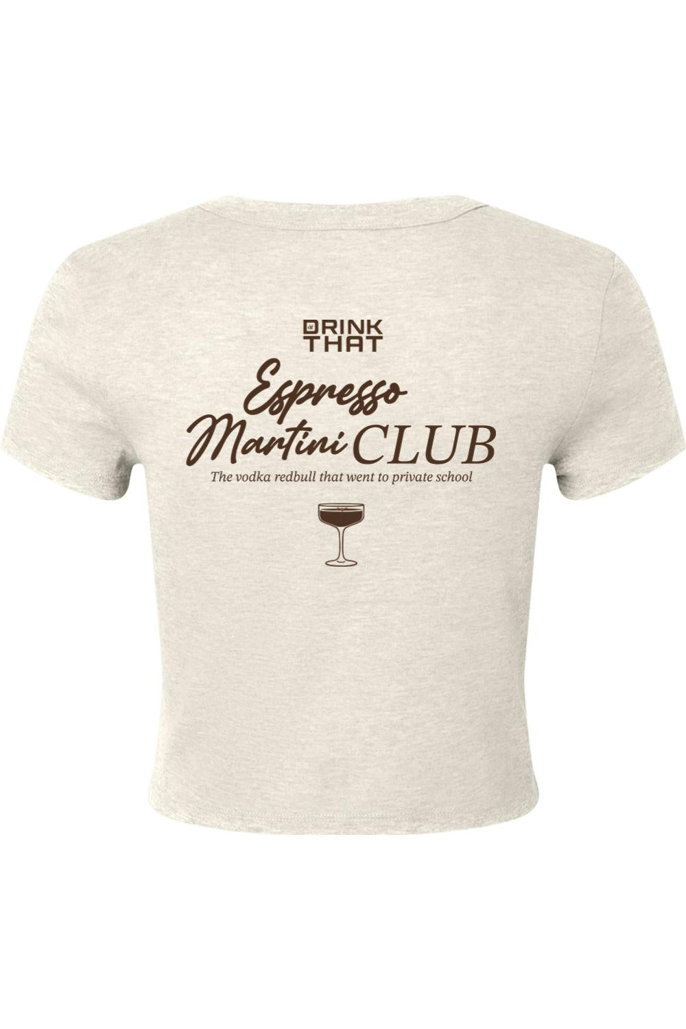 Beige micro rib baby tee featuring a brown Espresso Martini Club graphic and cocktail glass illustration.