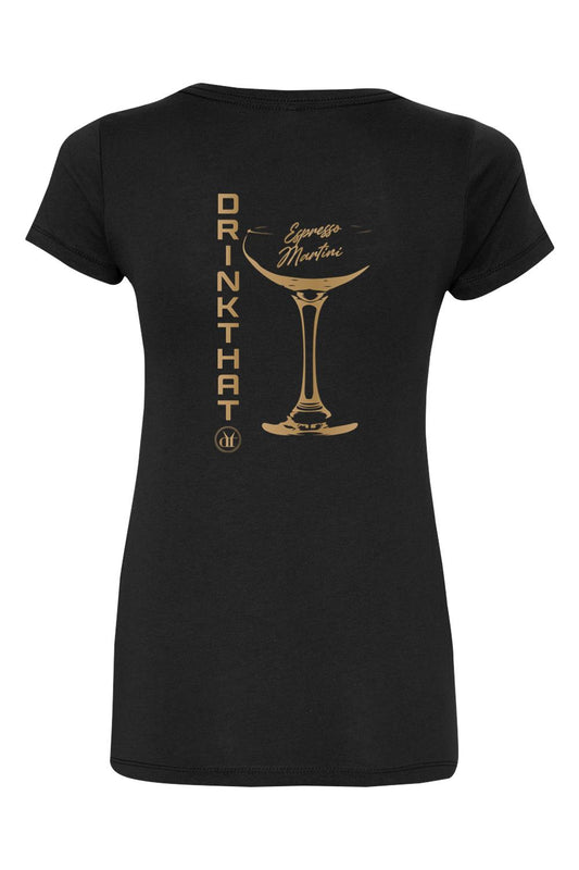 Black women's V-neck t-shirt featuring a gold Espresso Martini glass graphic and vertical Drink That text.