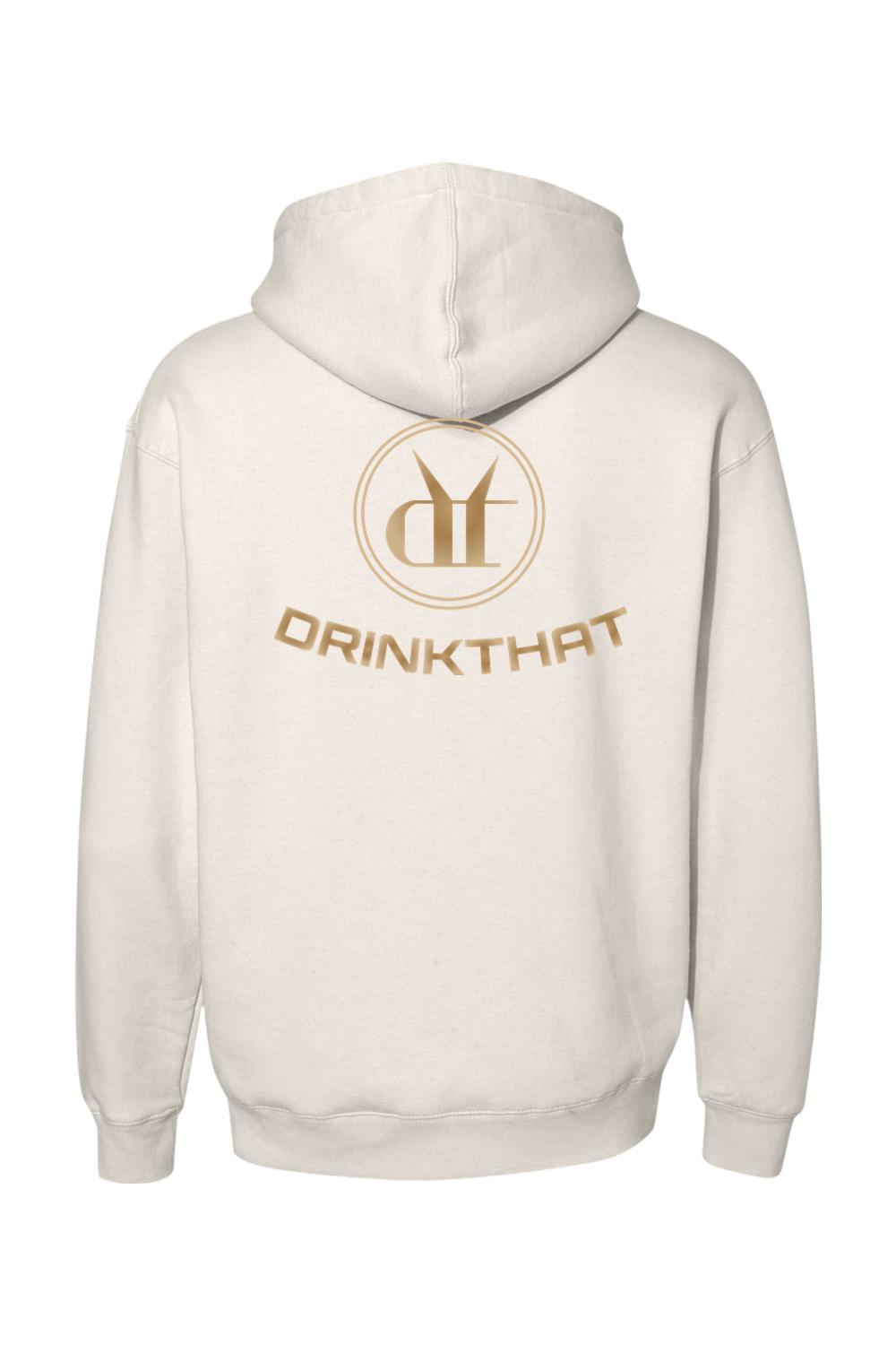 Cream-colored heavyweight hooded sweatshirt featuring a gold Drink That logo and circular emblem printed on the back.