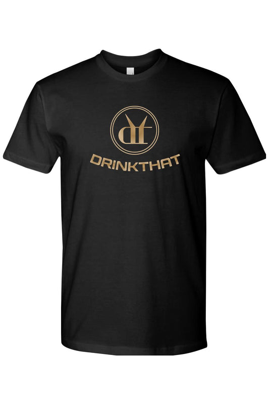 Black soft cotton t-shirt featuring a gold circular Drink That logo graphic on the chest.