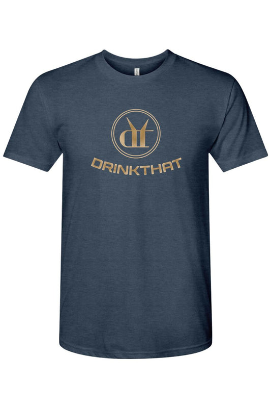 Navy blue triblend men's t-shirt featuring a gold Drink That logo and circular emblem on the chest.