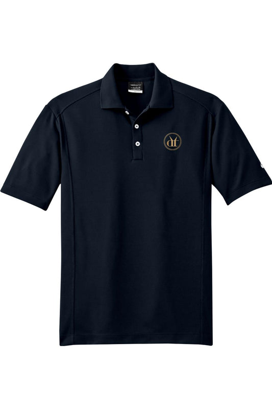Navy blue Nike Dri-FIT men's polo shirt with a three-button placket and a circular logo on the left chest.