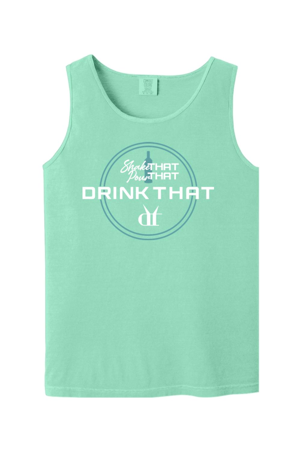 Mint green Comfort Colors cotton tank top featuring a white Shake That, Pour That, Drink That espresso martini graphic.
