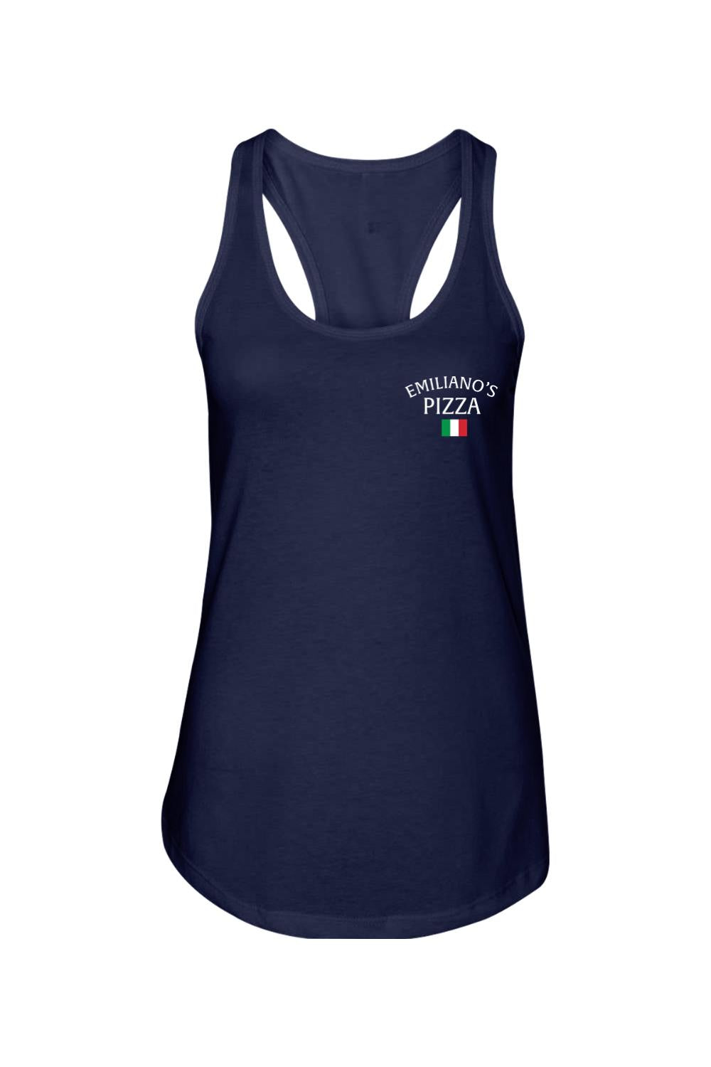 Navy blue cotton women's racerback tank top featuring a small Emiliano's Pizza logo and Italian flag graphic.
