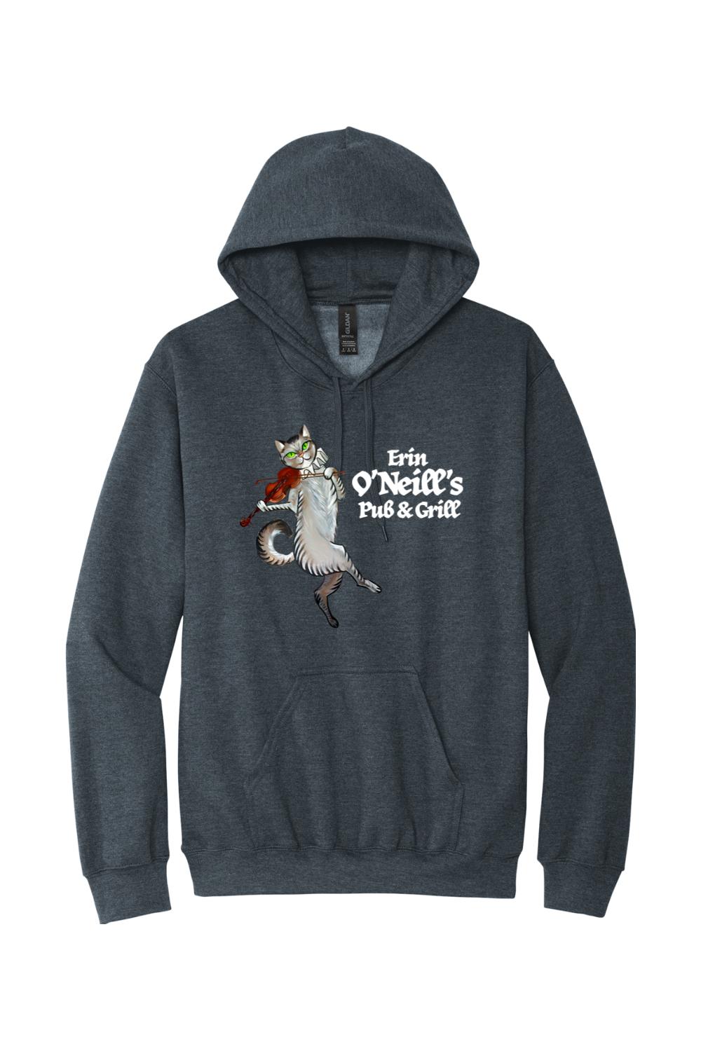Dark charcoal grey hooded sweatshirt featuring a cat playing a violin and the Erin O'Neill's Pub & Grill logo.