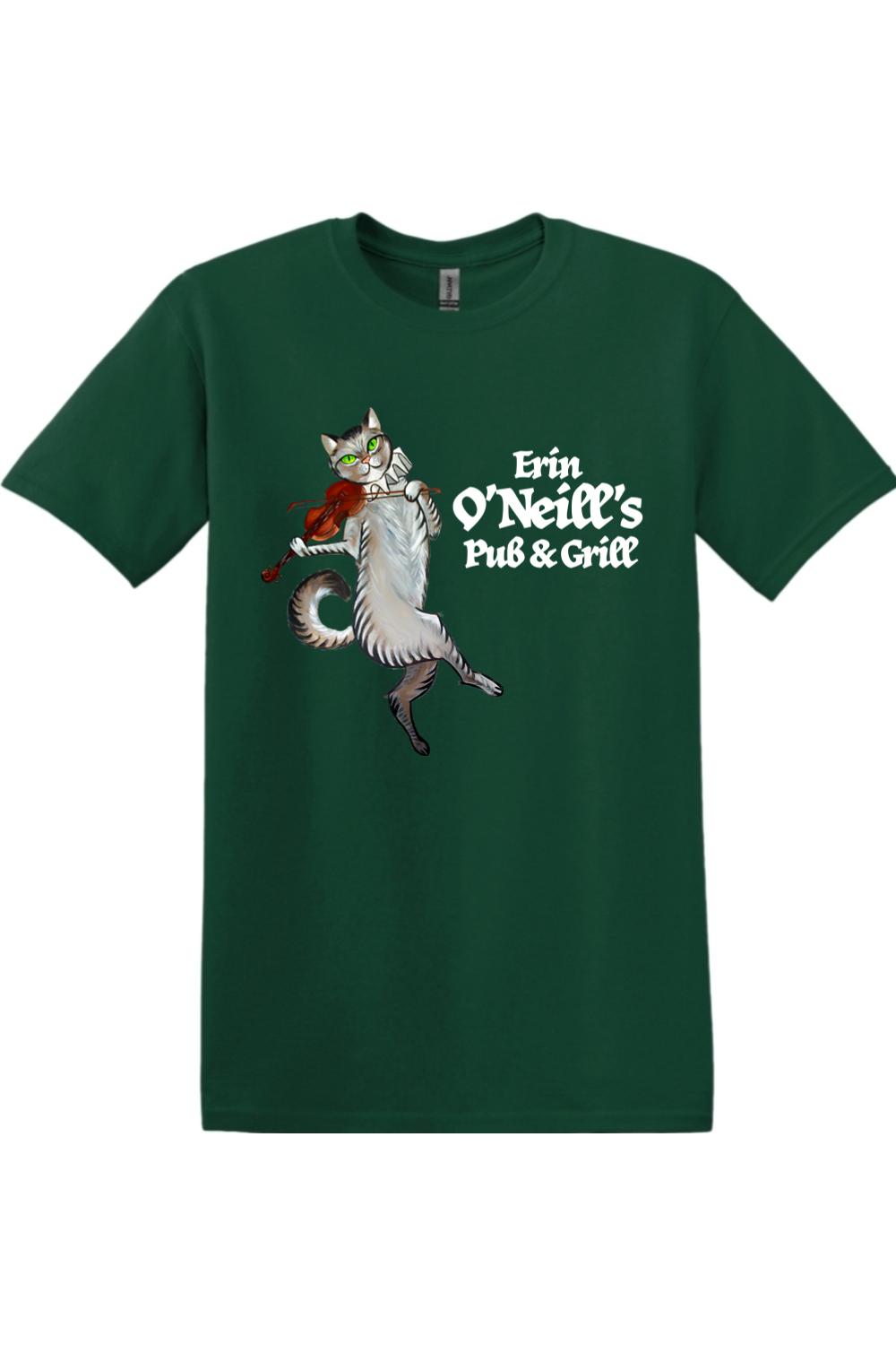 Dark green cotton unisex t-shirt featuring a graphic of a cat playing a violin and the Erin O'Neill's Pub & Grill logo.