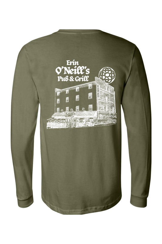 Olive green long-sleeve cotton t-shirt featuring a white sketch of Erin O'Neill's Pub & Grill on the back.