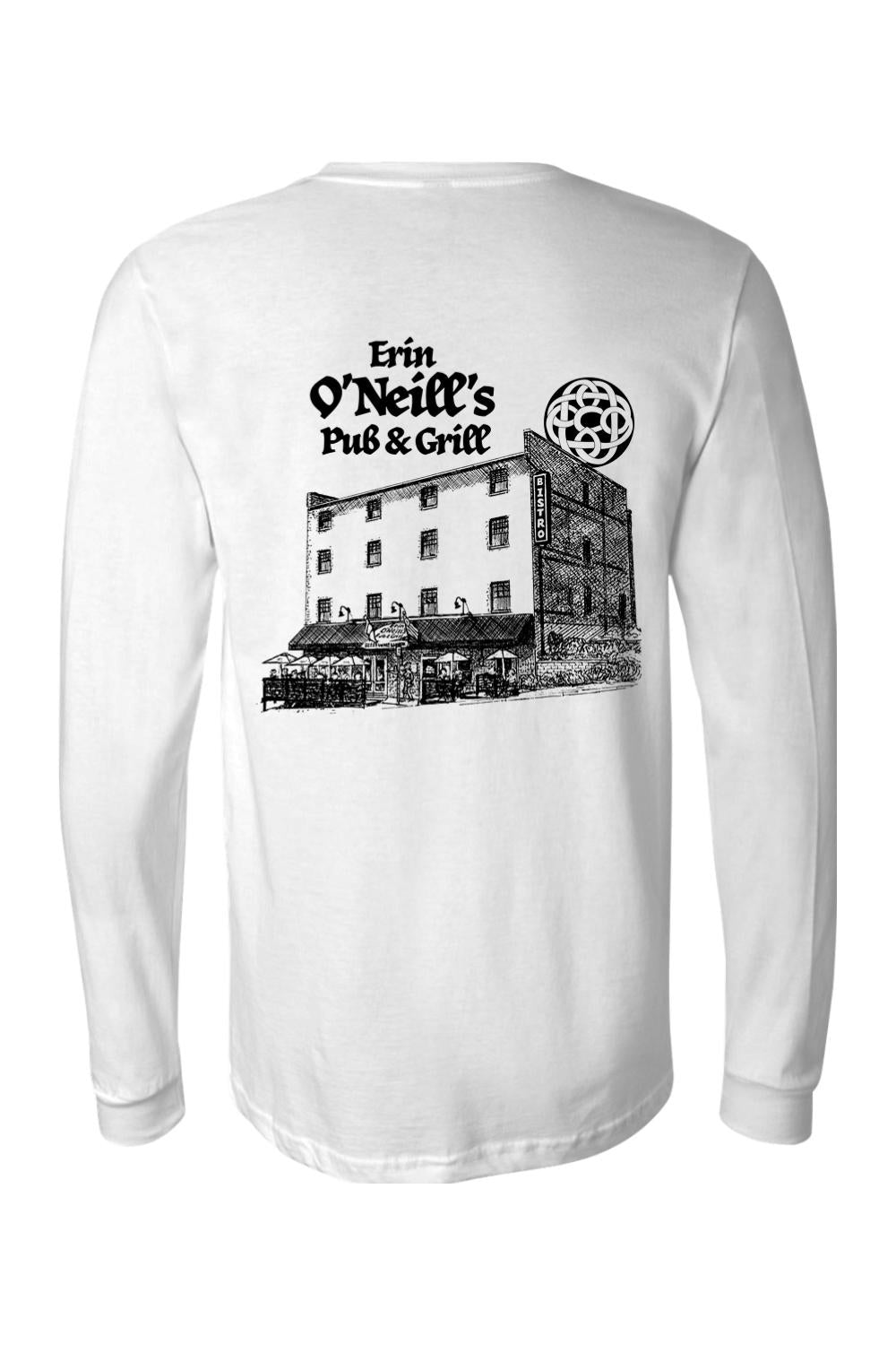 Light-colored long sleeve cotton t-shirt featuring a black sketch of Erin O'Neill's Pub & Grill on the back.
