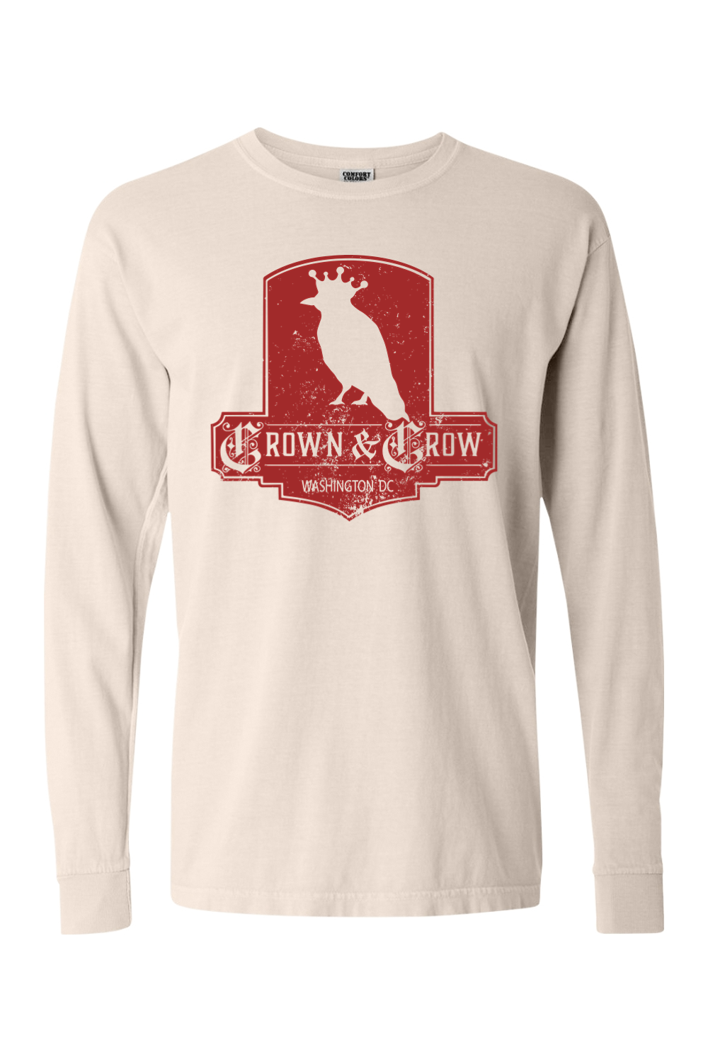 Crown & Crow in Red Distressed Mens Garment-dyed Long Sleeve T-Shirt