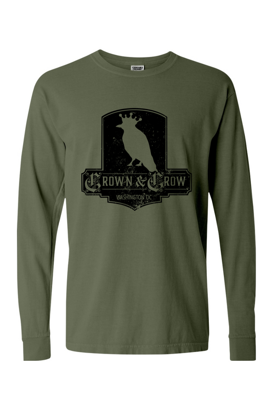 Crown & Crow in Black Distressed Unisex Garment-dyed Long Sleeve T-Shirt