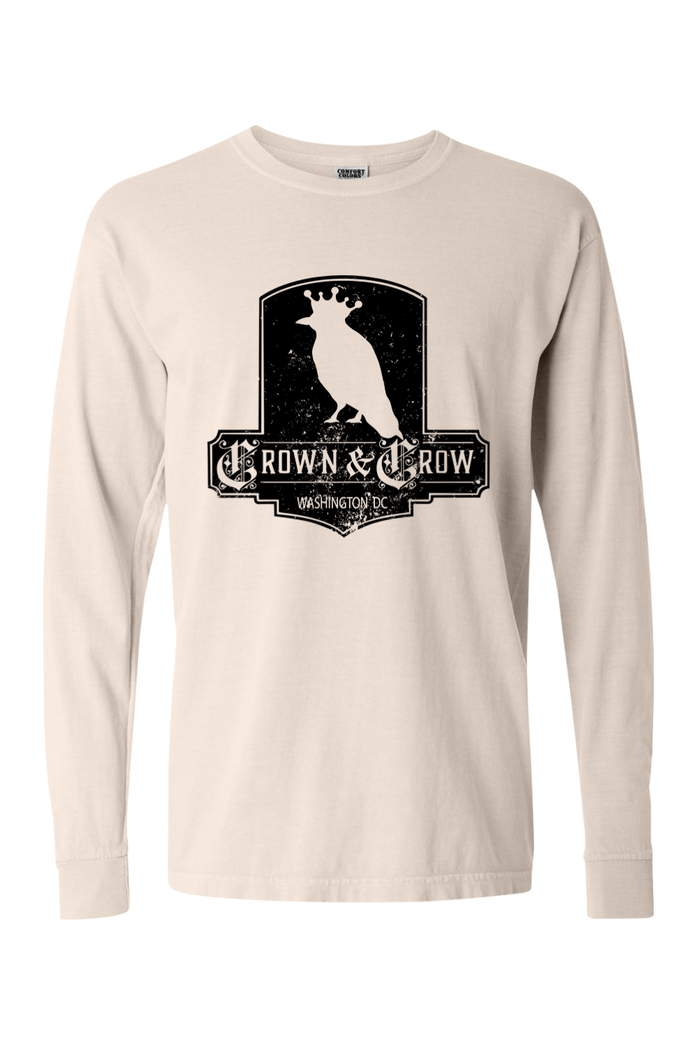 Crown & Crow in Black Distressed Mens Garment-dyed Long Sleeve T-Shirt
