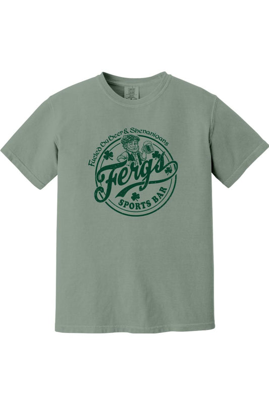 Sage green Comfort Colors cotton t-shirt featuring a dark green Ferg's Sports Bar Beer & Shenanigans graphic print.