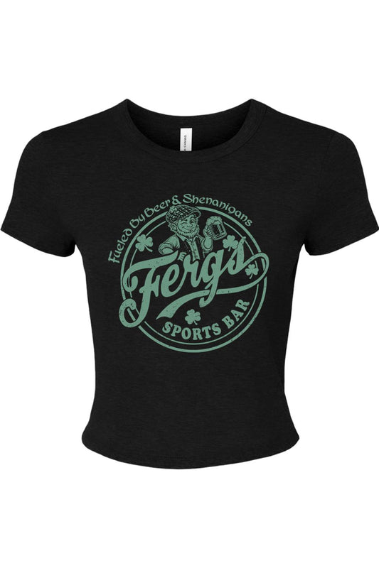 Black fitted women's baby tee featuring a green Ferg's Beer & Shenanigans graphic with a leprechaun and beer mug.