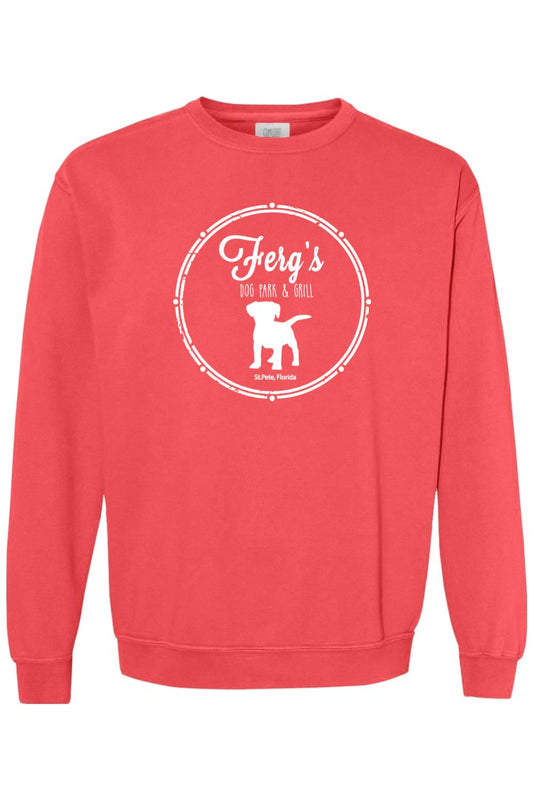 Red Comfort Colors crewneck sweatshirt featuring a white Ferg's Dog Park & Grill logo with a dog silhouette.