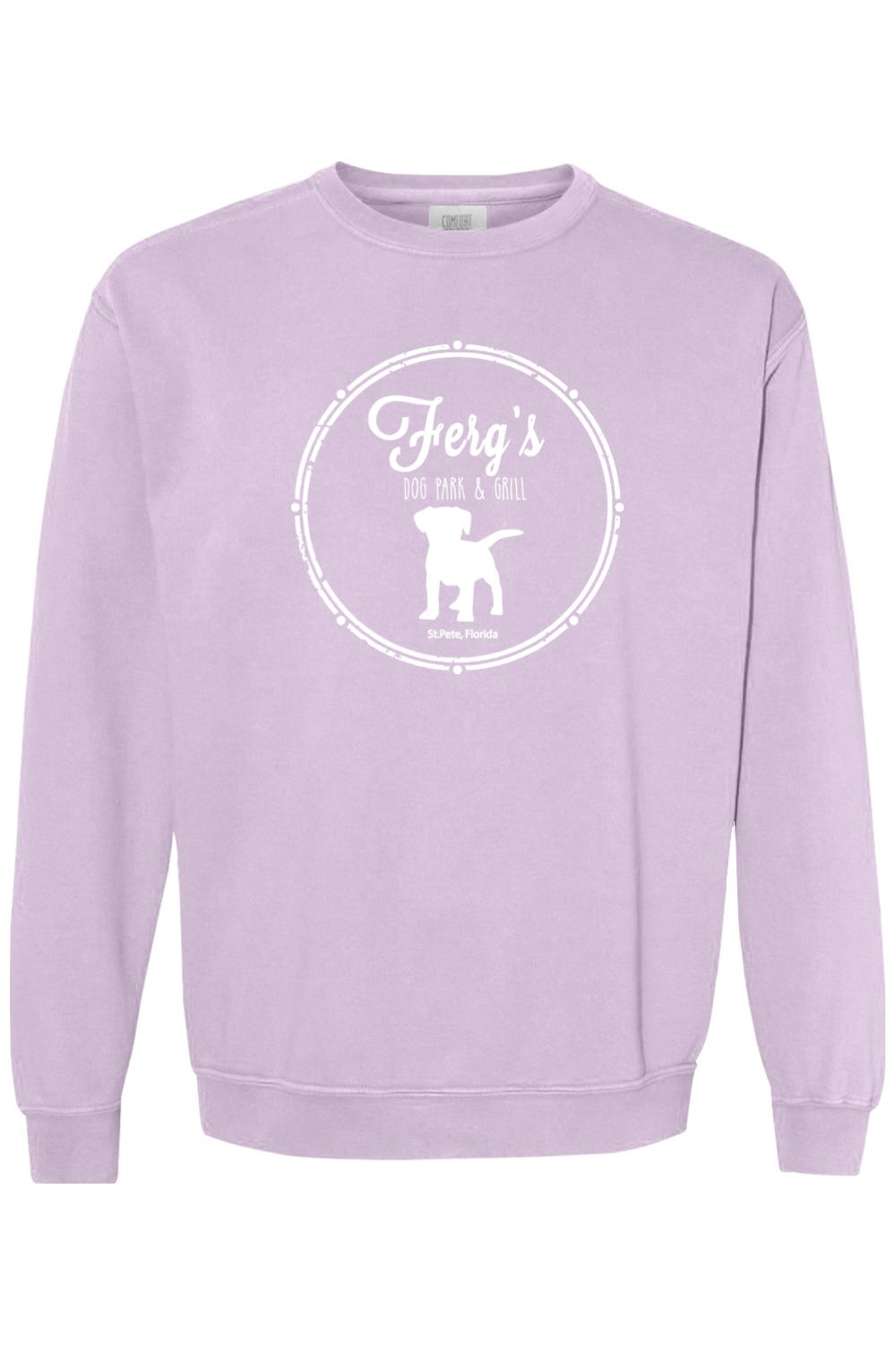 Light purple Comfort Colors crewneck sweatshirt featuring a white Ferg's Dog Park & Grill logo with a dog silhouette.