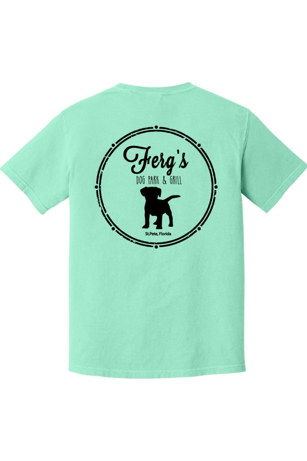 Mint green garment-dyed cotton t-shirt featuring a black Ferg's Dog Park logo graphic on the back.