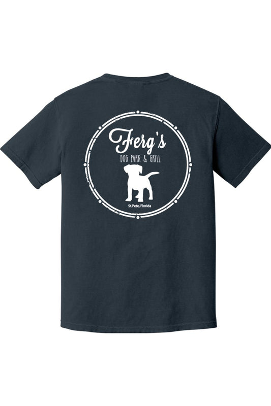 Navy blue garment-dyed cotton t-shirt featuring a white Ferg's Dog Park & Grill logo graphic on the back.