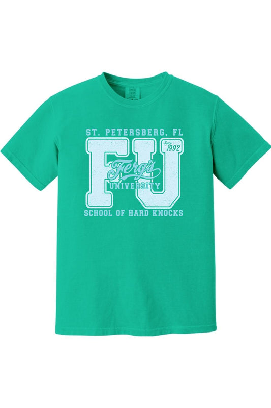 Green Comfort Colors unisex ringspun cotton t-shirt featuring a white Ferg's University graphic print.
