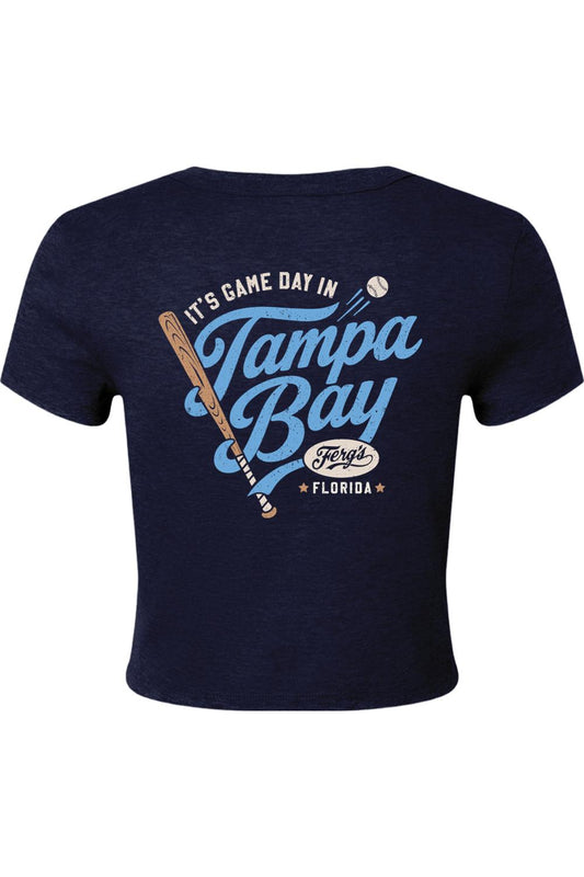 Navy blue micro rib baby tee featuring a Tampa Bay baseball graphic with a bat, ball, and vintage-style lettering.