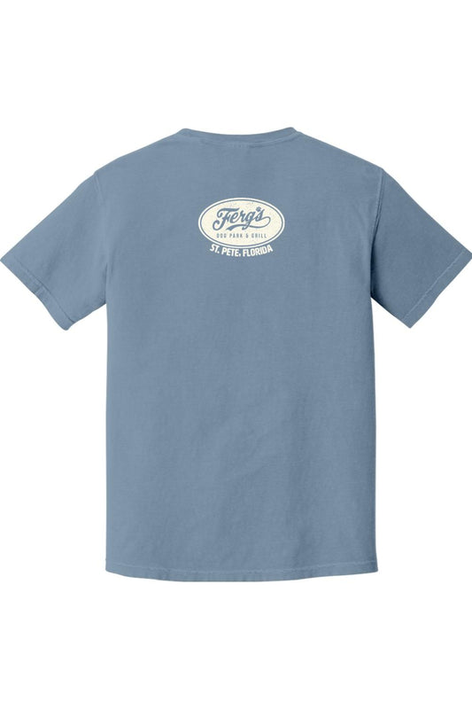Blue Comfort Colors ringspun cotton t-shirt featuring a white Ferg's Dog Park & Grill oval logo on the back.