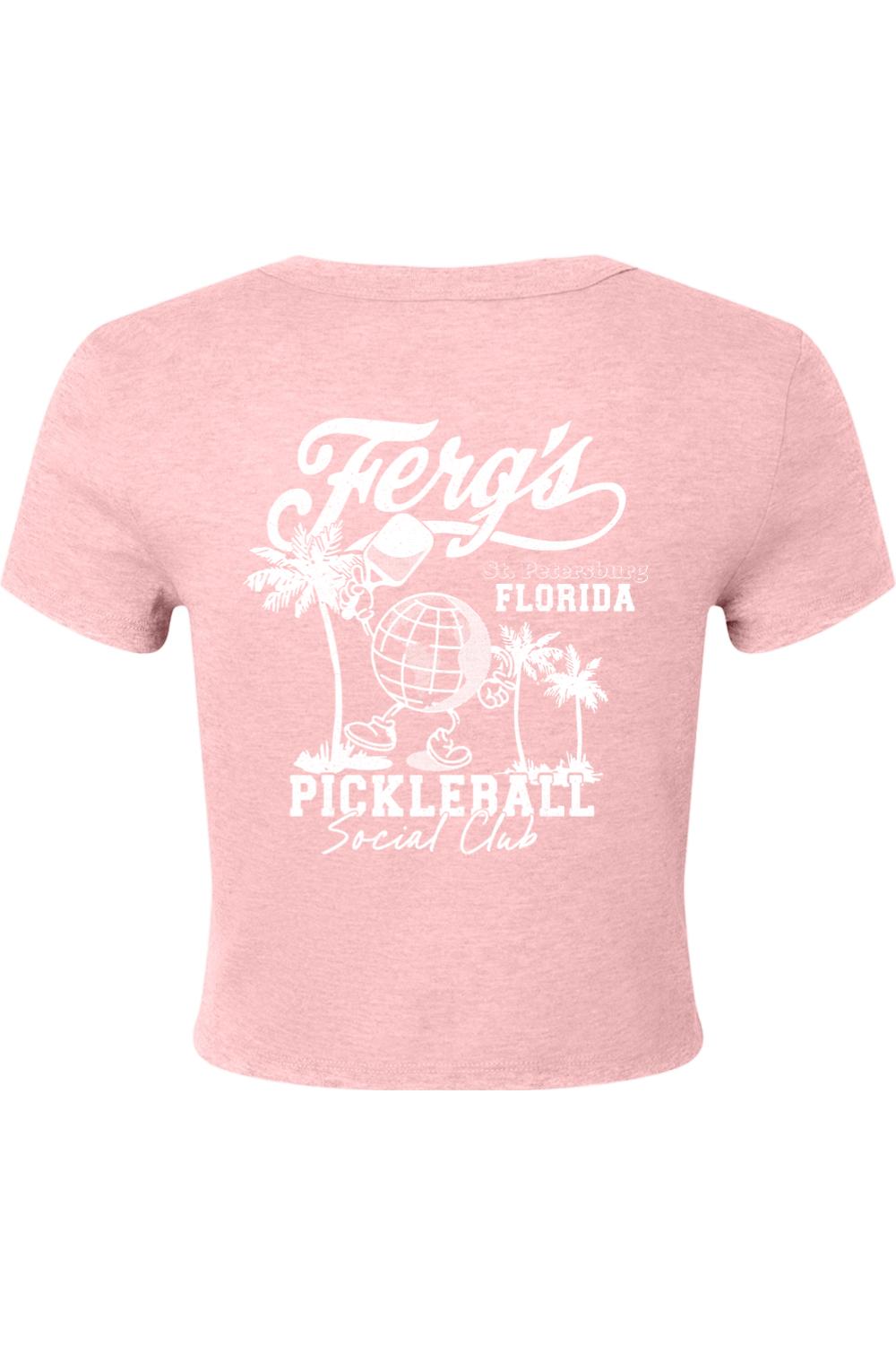 Pink ribbed baby tee featuring a white Ferg's Pickleball Social Club graphic with a globe and palm trees on the back.