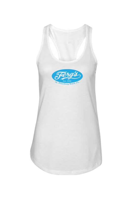 White cotton-blend racerback tank top featuring a blue Ferg's St. Petersburg Beach logo on the chest.