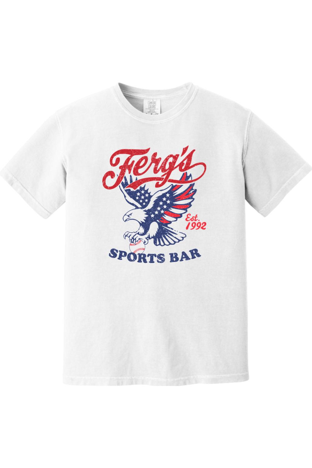 White Comfort Colors cotton t-shirt featuring a vintage American eagle and baseball graphic in red, white, and blue.