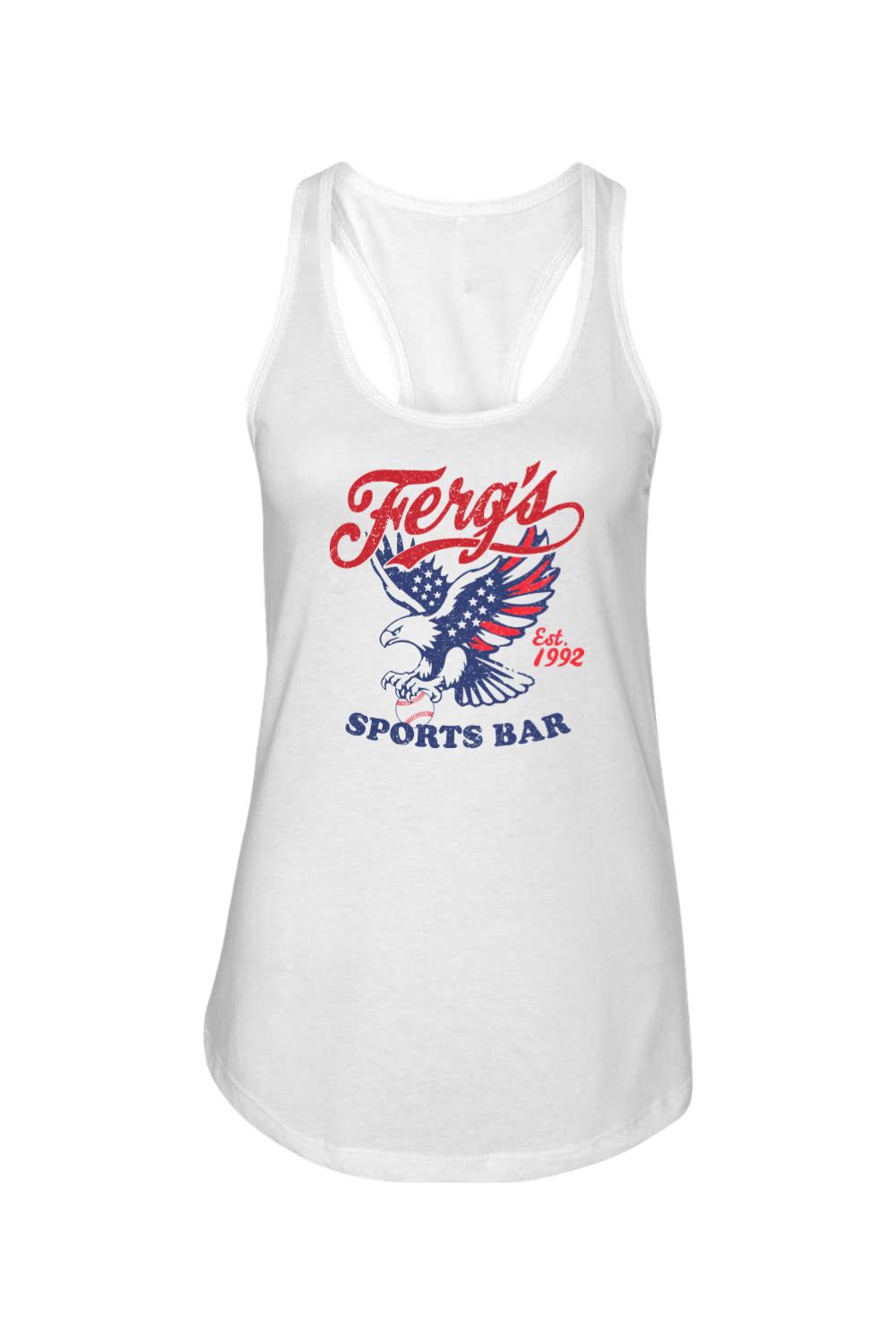 White cotton-blend racerback tank featuring a distressed patriotic eagle graphic and red and blue Ferg's logo.