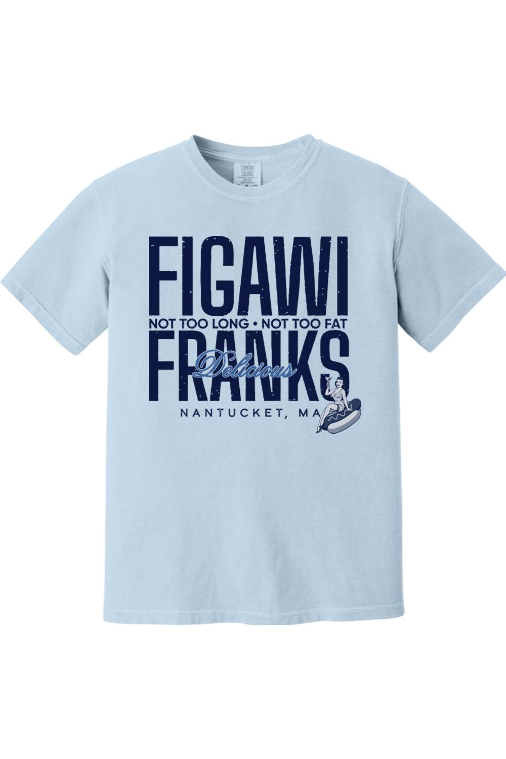 Light blue Comfort Colors t-shirt featuring a navy Figawi Delicious Franks graphic with a vintage pin-up design.