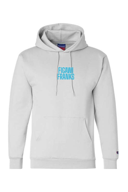 Light gray Champion hoodie featuring a blue Figawi Franks logo on the chest, drawstring hood, and front pocket.